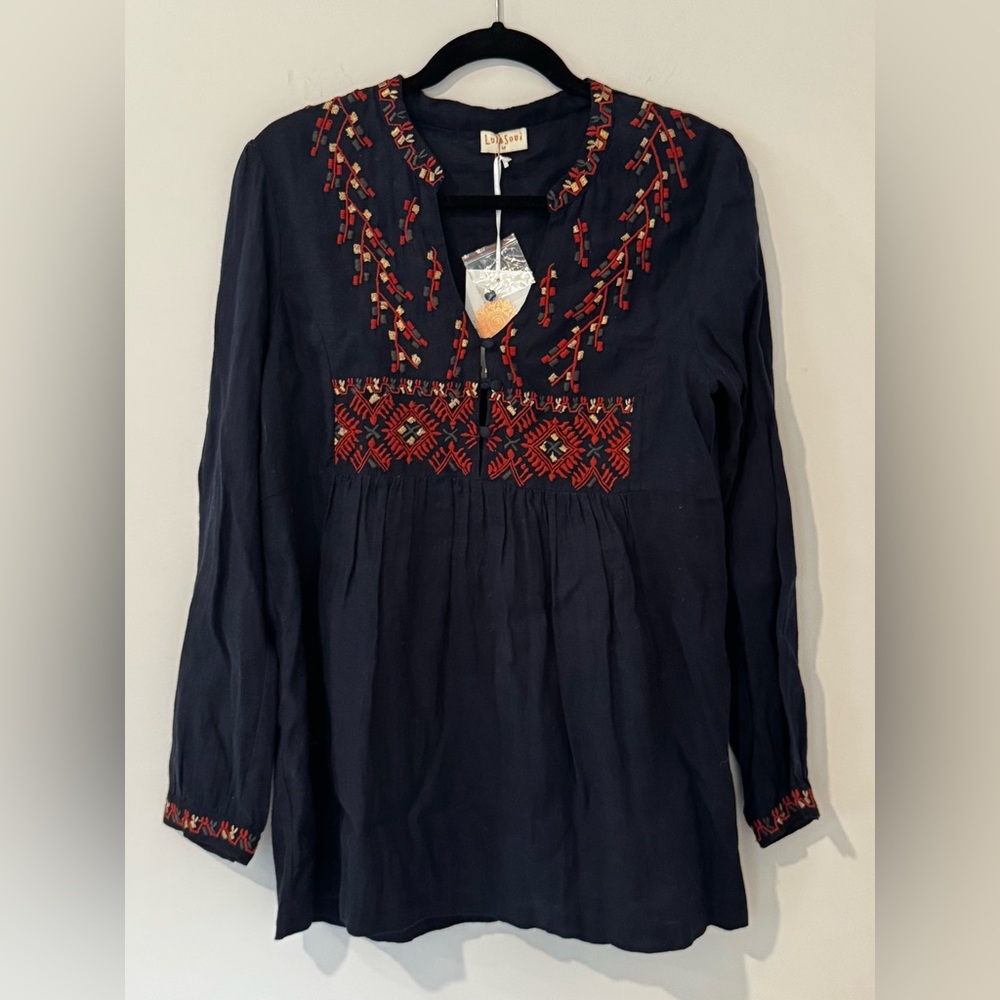 Lila Soul women’s 100% cotton tunic Embroidered navy blue Top size Medium NWT